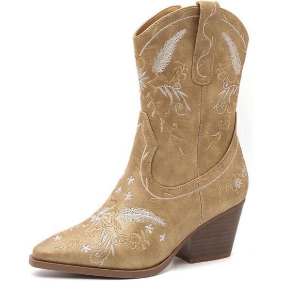 Anjoufemme Mid-Calf Boot Gold Polyurethane Embroidered Round-toe - Picture 1 of 8